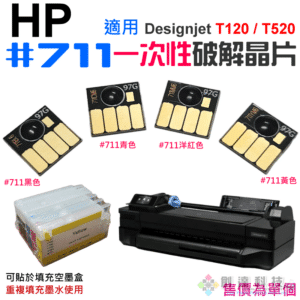 破解晶片：HP #711 一次性破解晶片（四色可選）＃A99 適用HP T120 T130 T520
